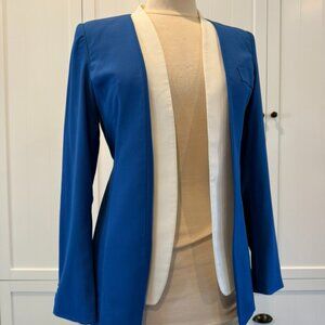 Blue & White Open Front Blazer with Sheer Back Panel & Belt Detail